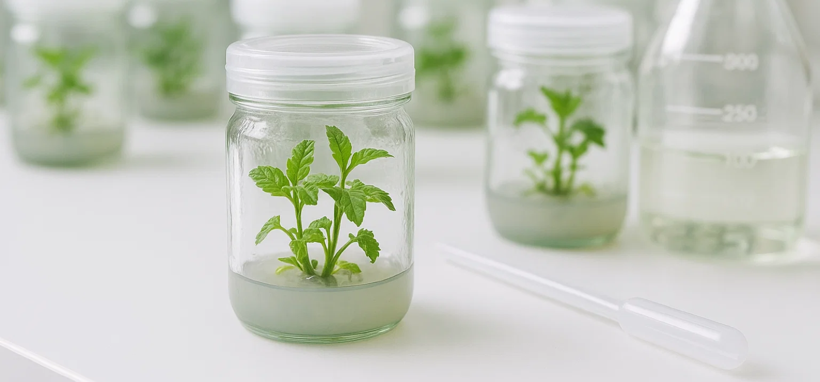 "Sealed glass jars containing tissue culture plantlets growing in transparent nutrient medium, highlighting sterile, contained in vitro propagation ideal for showcasing modern plant biotechnology.