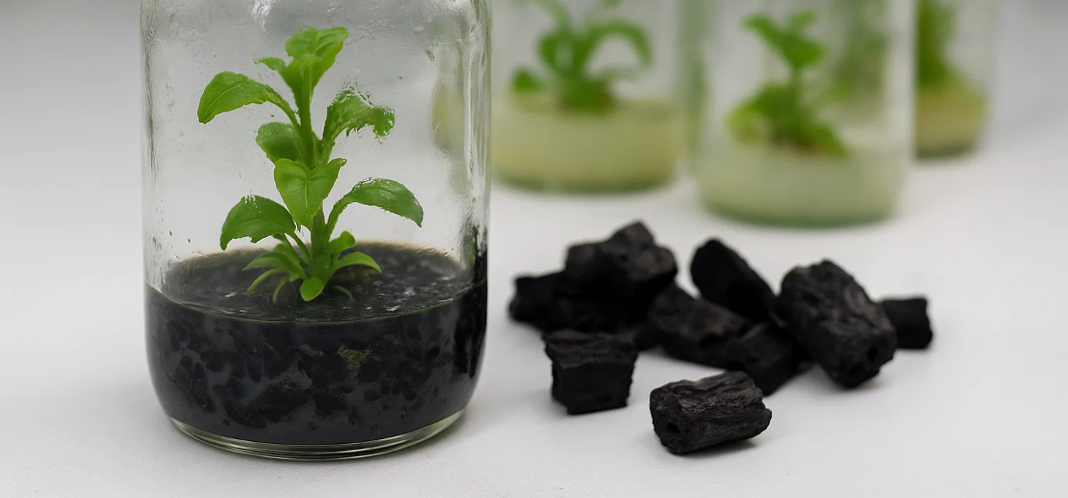 Glass jar containing a plantlet growing in activated charcoal agar, with loose charcoal pieces beside it; plain agar cultures visible in the background.