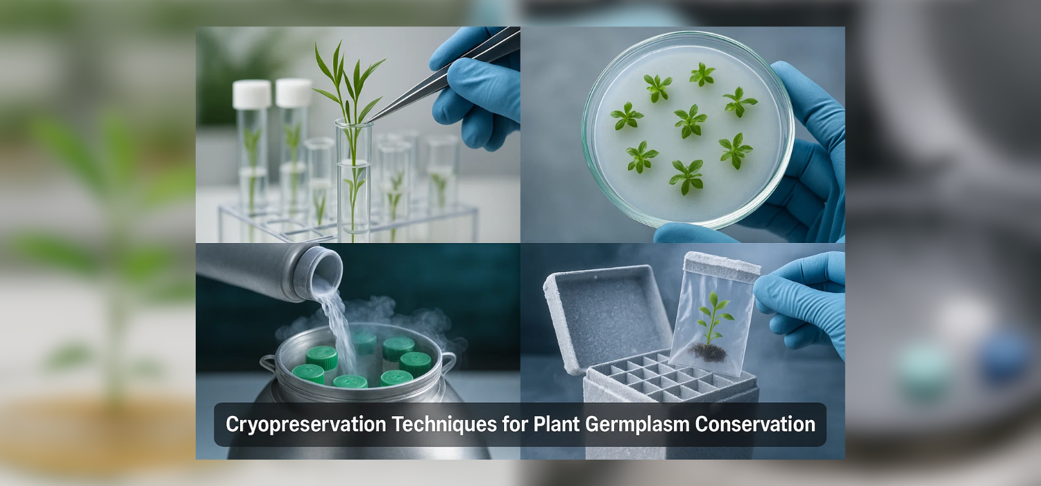 Cryopreservation Techniques for Plant Germplasm Conservation" showing four stages: selecting plant material, sterile excision and tissue culture, applying cryoprotectant, and placing sample into cryopreservation storage chamber.