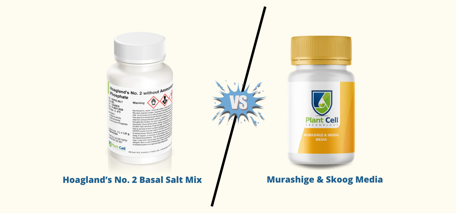 Plant tissue culture media comparison: Bottle of Hoagland’s solution versus Murashige & Skoog (MS) medium with 'VERSUS' text between them.