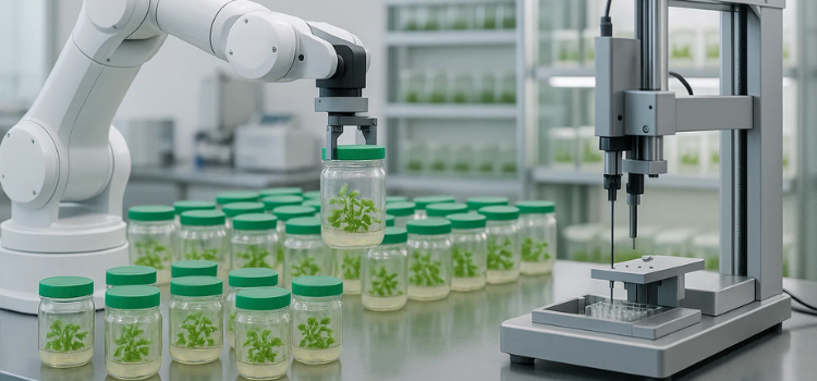 Robotic arm and automated microscope in a tissue culture lab, symbolizing the future of plant tissue culture through automation and robotics.