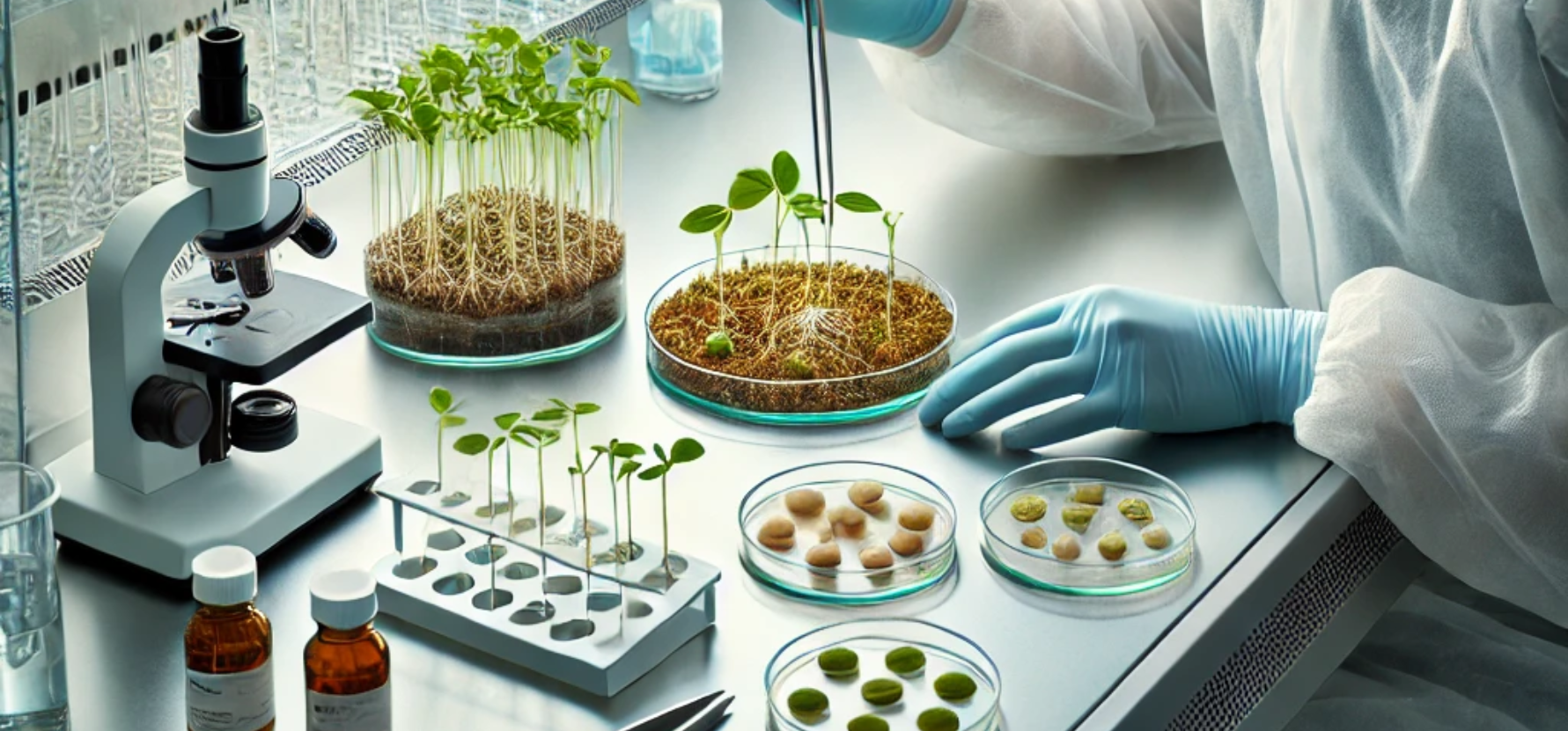"Scientist in a sterile lab handling Petri dishes with plantlets at various growth stages, demonstrating subculturing techniques in plant tissue culture. A microscope sits on the table, reinforcing precision in propagation and research.