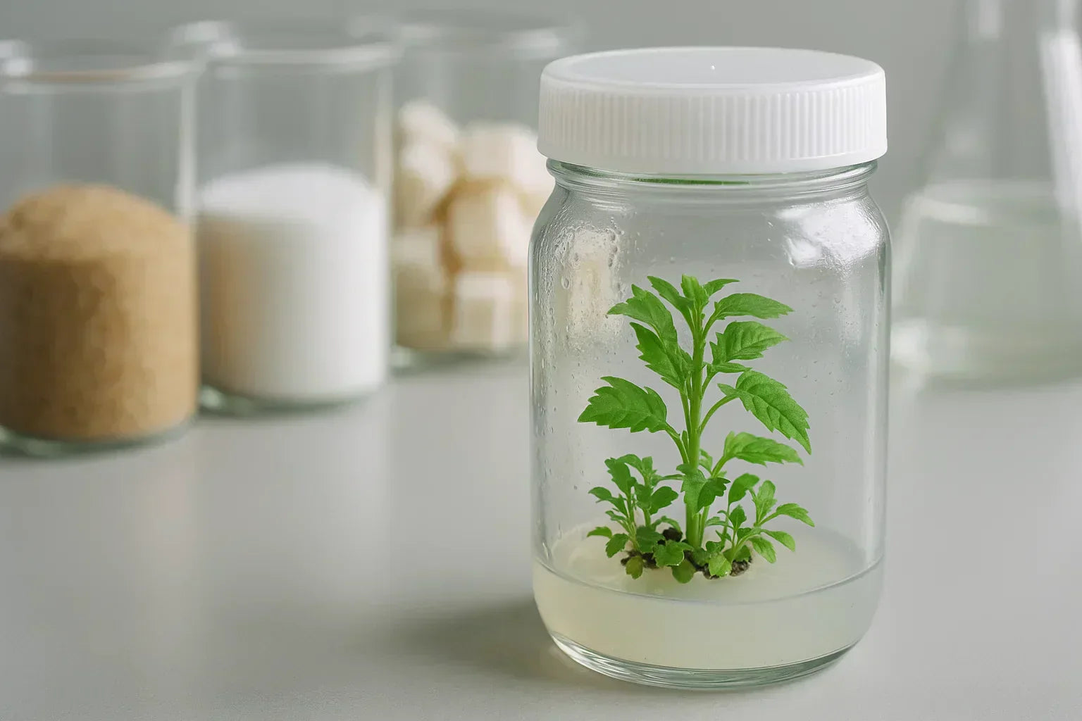 Glass jar with a plant tissue culture sample growing in agar medium, surrounded by jars of white sugar, brown sugar, and sugar cubes. A graduated flask on the side highlights the importance of selecting the right carbohydrate source in tissue culture.