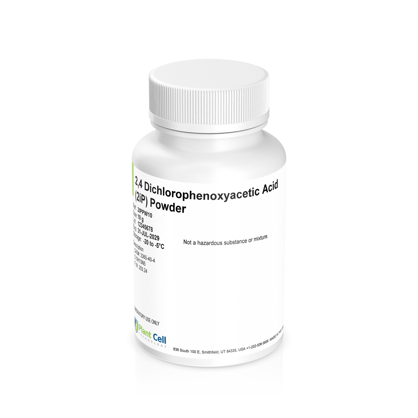 White bottle labeled '2,4-Dichlorophenoxyacetic Acid (2,4-D) Powder' on a clear background