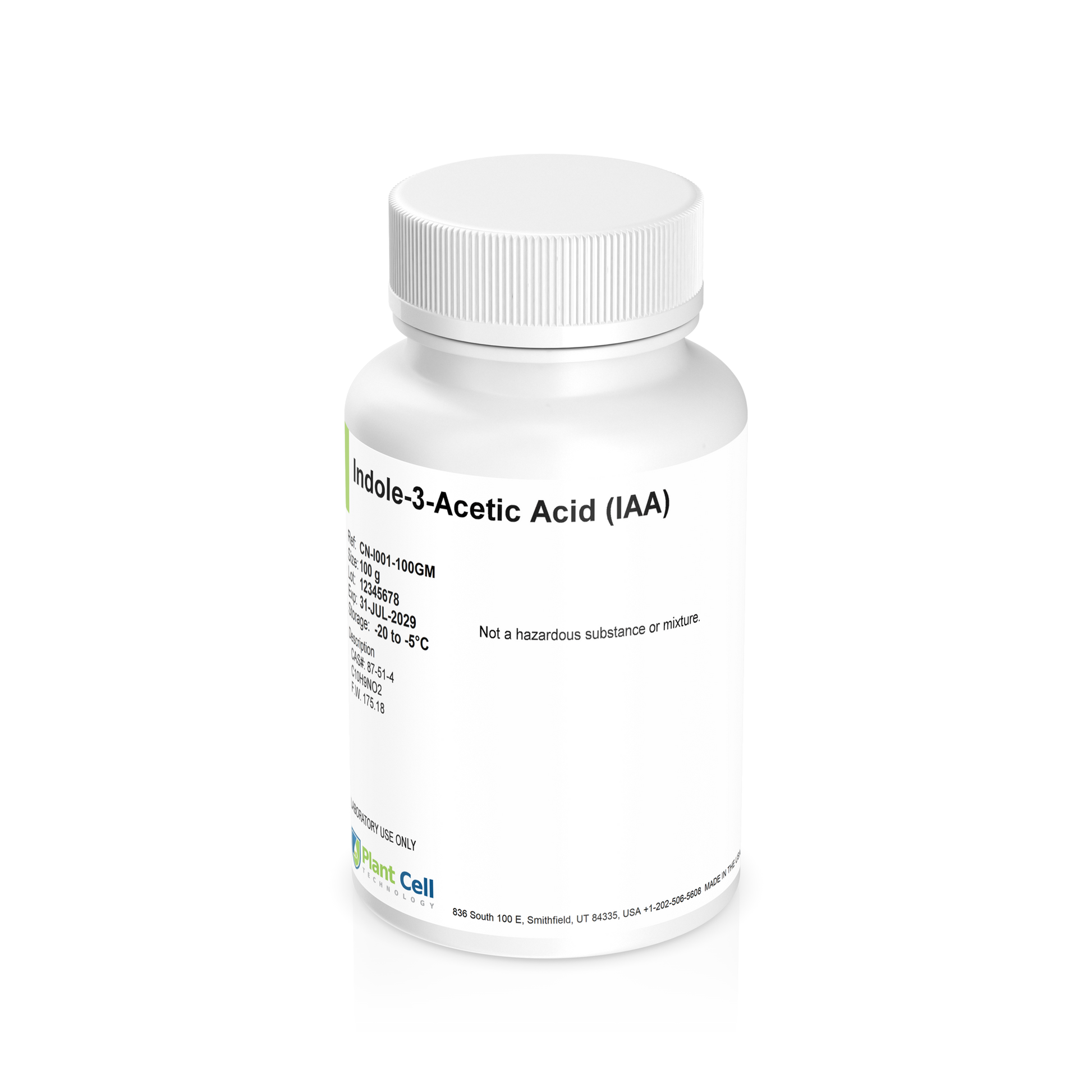White bottle labeled 'Indole-3-Acetic Acid (IAA) Powder on a clear background