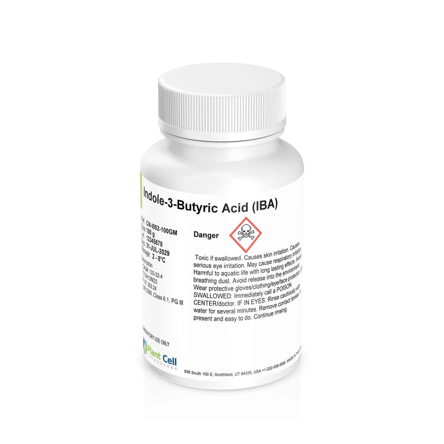 Bottle of Indole-3-Butyric Acid (IBA) powder with a white label on a clear background
