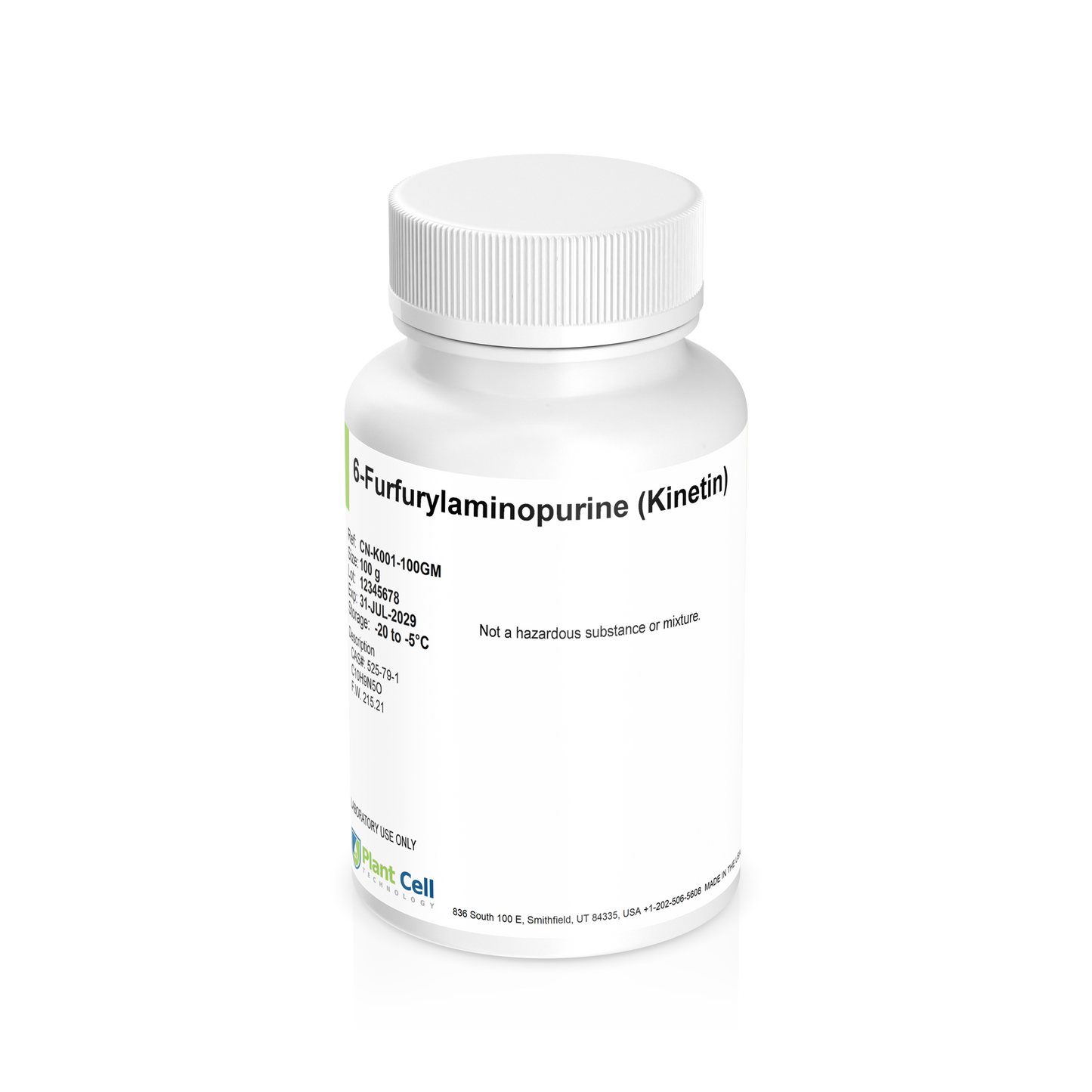 Bottle of Kinetin Powder with white label on a clear background