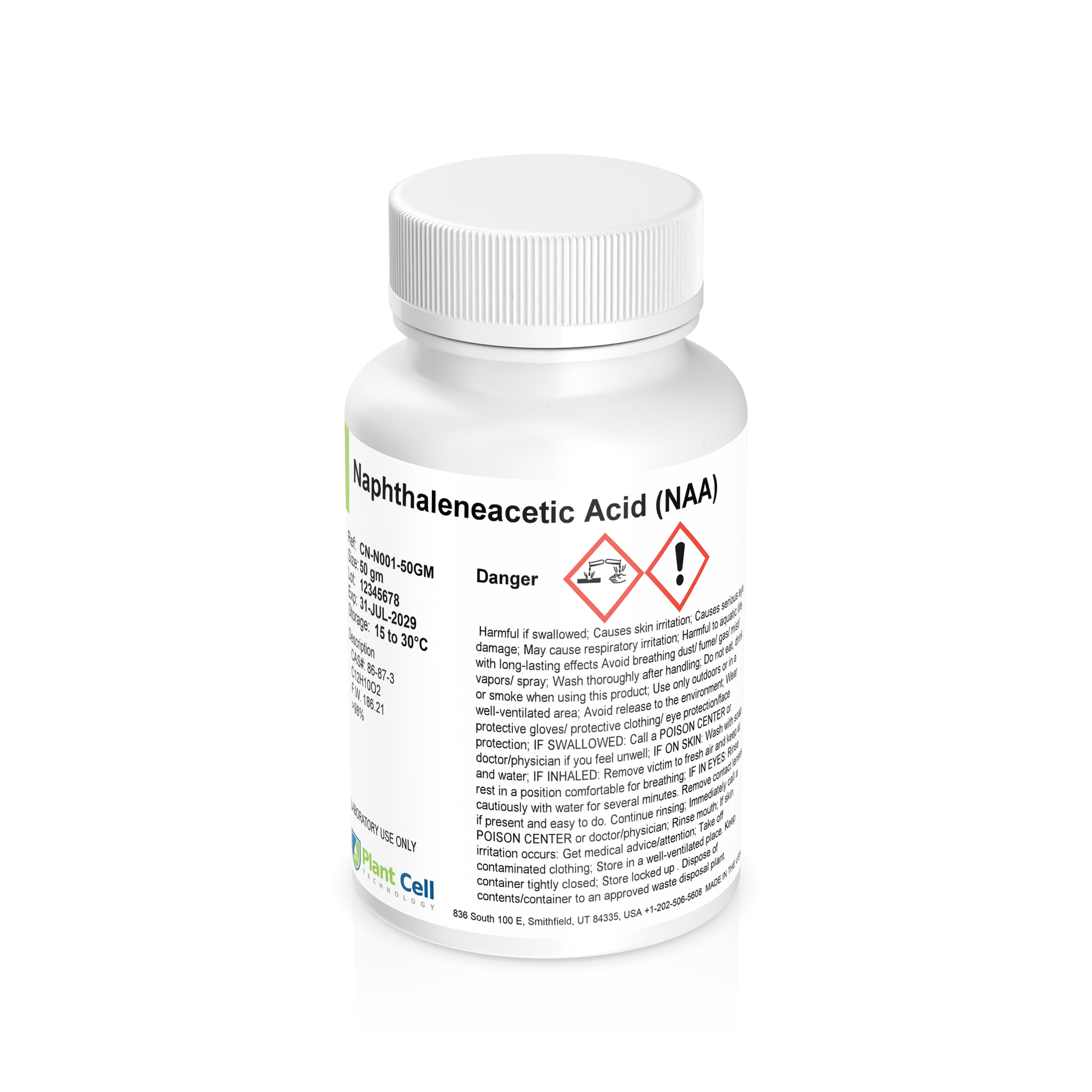 Bottle of Naphthaleneacetic Acid (NAA) Powder on a clear background