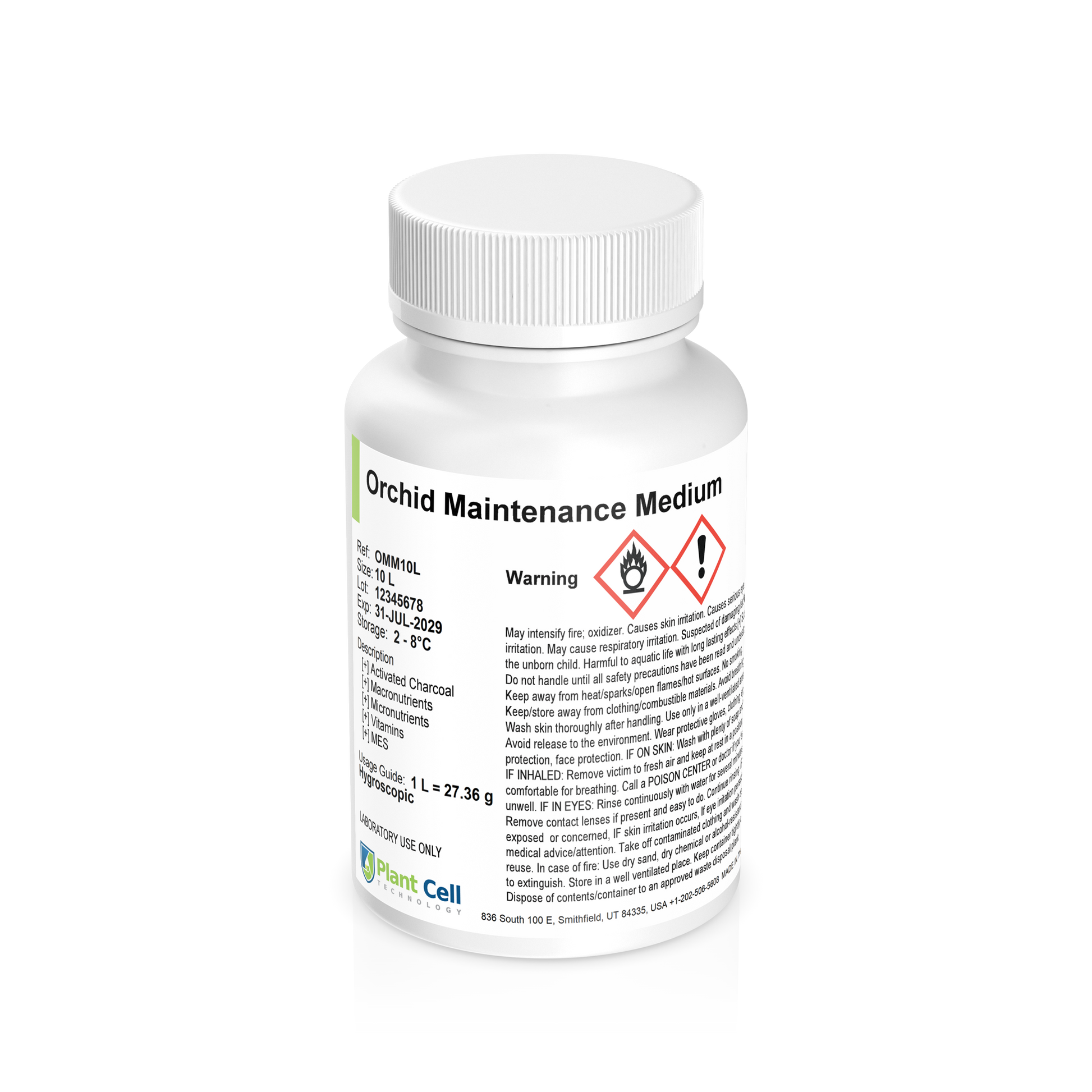 Bottle of Orchid Maintenance Medium (OMM) with white label on a clear background