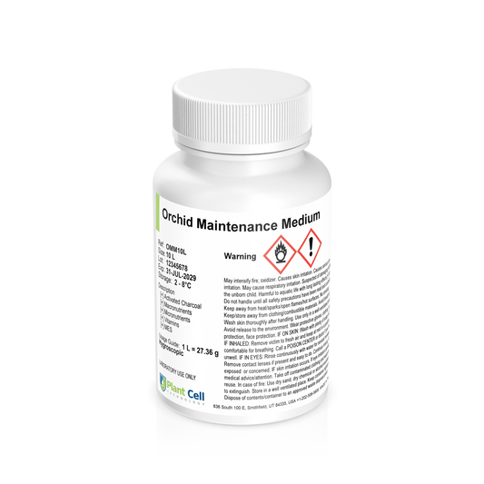 Bottle of Orchid Maintenance Medium (OMM) with white label on a clear background