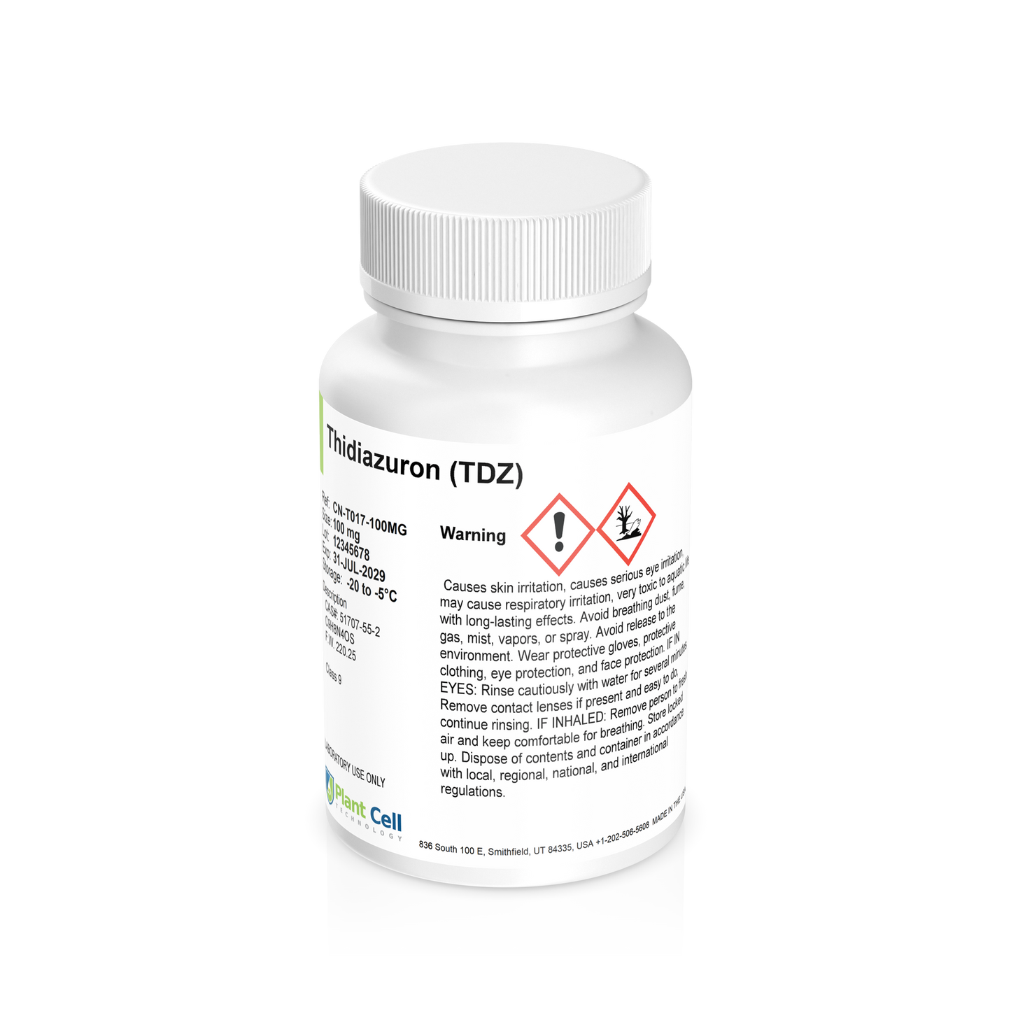 Bottle of Thidiazuron (TDZ) with warning labels on a clear background