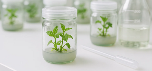 "Sealed glass jars containing tissue culture plantlets growing in transparent nutrient medium, highlighting sterile, contained in vitro propagation ideal for showcasing modern plant biotechnology.