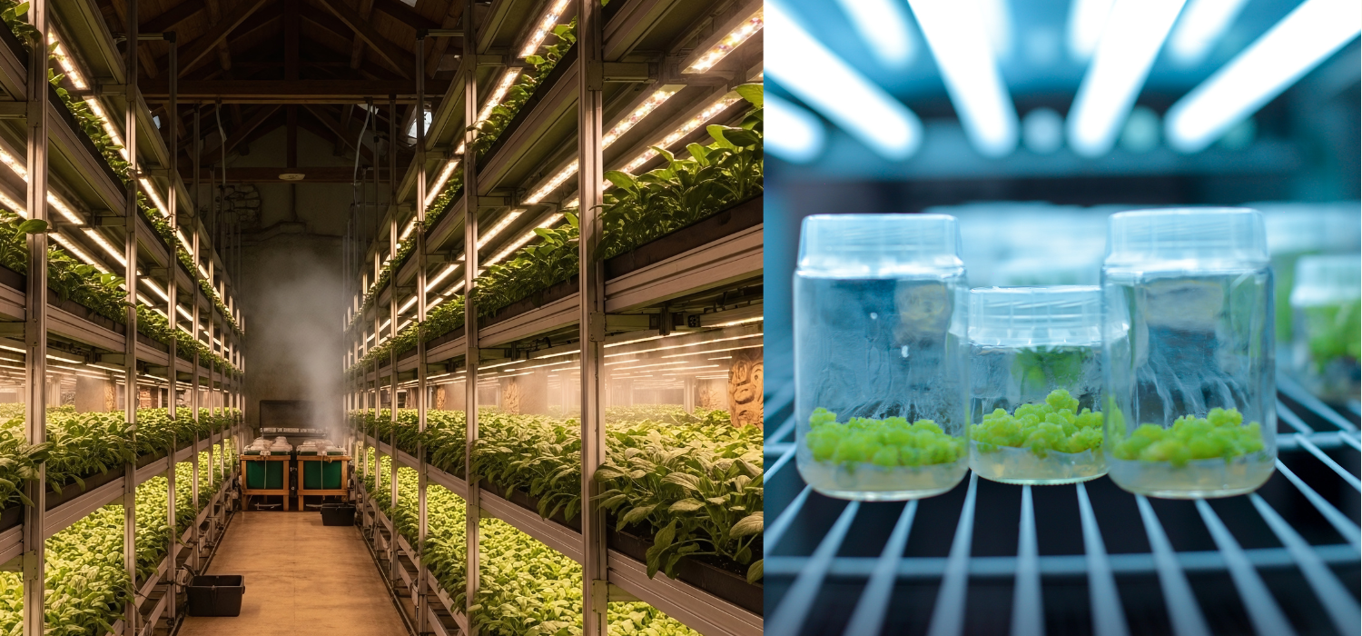 Side-by-side view of vertical farming racks and tissue culture jars, illustrating the synergy between high-tech cultivation and plant tissue culture automation.