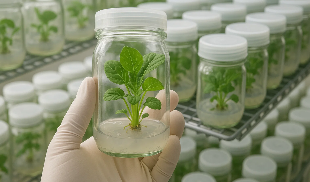 Healthy plant tissue culture vessel with roots and shoots held by gloved hand, demonstrating silver nitrate in plant tissue culture improving growth