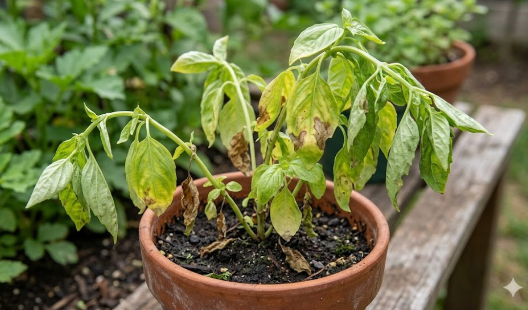 Diseased plant in terracotta pot showing symptoms related to microbial infection, illustrating contamination challenges in plant tissue culture