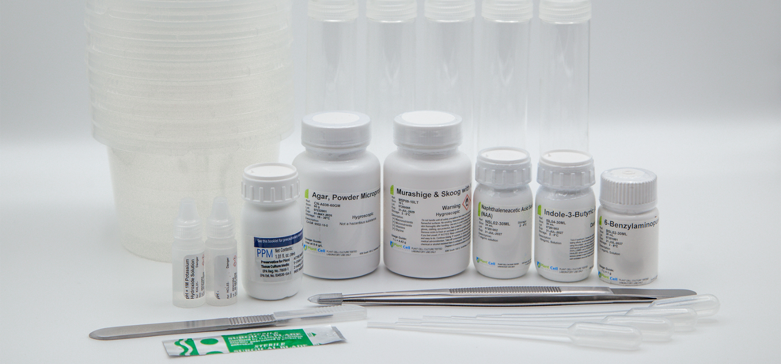 Ultimate Plant Tissue Culture Starter Kit contents displayed outside the box, including MS medium, agar, PGRs, PPM™, pipettes, vessels, and tools.