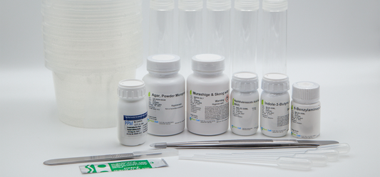 Ultimate Plant Tissue Culture Starter Kit contents displayed outside the box, including MS medium, agar, PGRs, PPM™, pipettes, vessels, and tools.