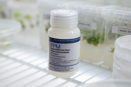 Plant Preservative Mixture on a laboratory shelf with plant tissue culture containers, illustrating antibiotics vs PPM in plant tissue culture.