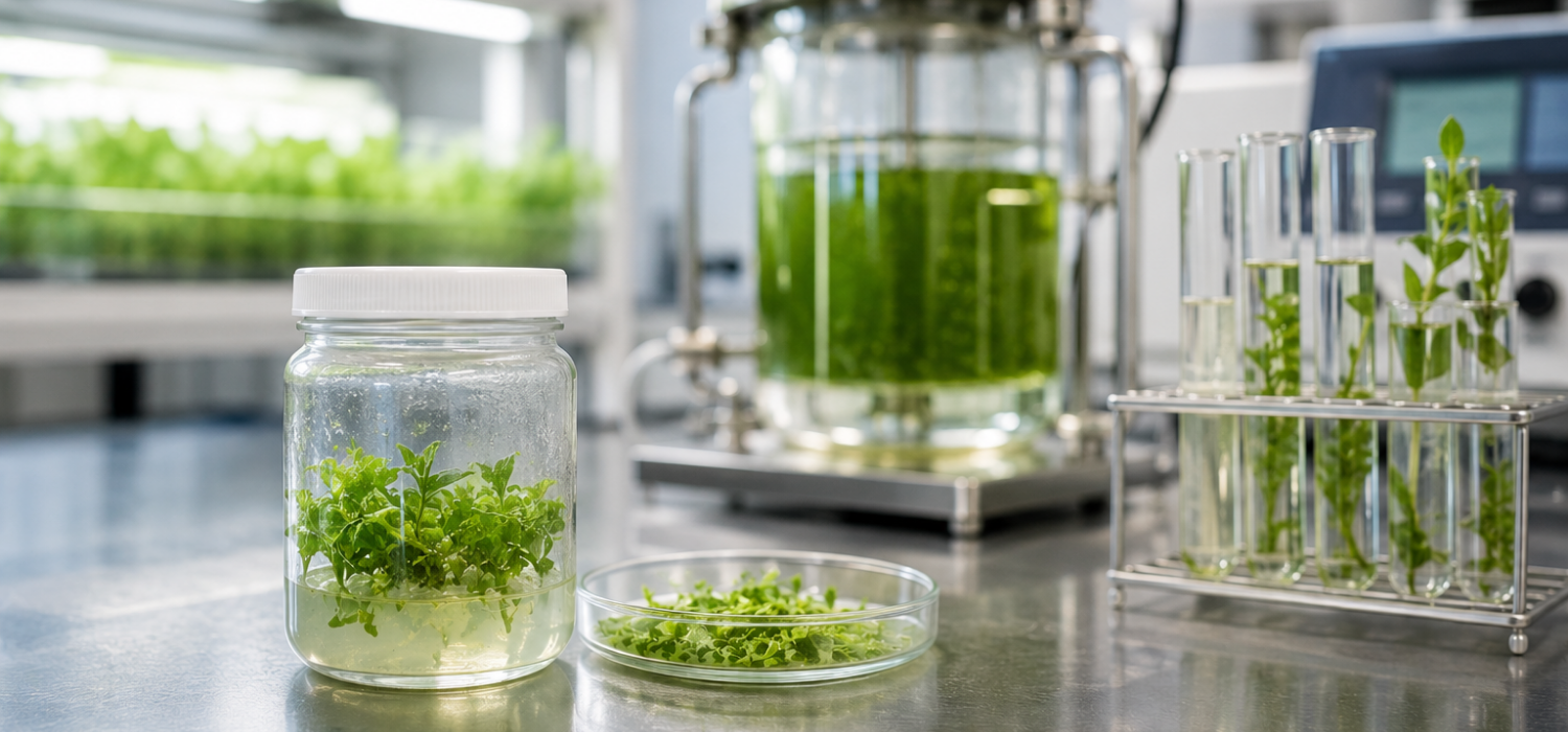 Laboratory bench with a plant tissue culture jar, test tubes containing plant samples, and a bioreactor growing plant cells.