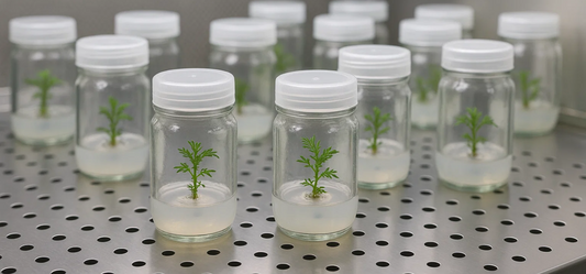 Tissue culture jars containing marigold plantlets growing in agar medium, showcasing marigold tissue culture techniques in the lab.