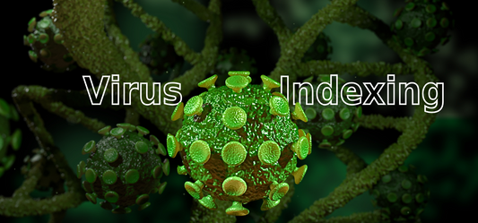 Illustration of plant viruses with the text 'Virus Indexing,' highlighting the importance of virus detection in ensuring healthy crops and tissue culture.