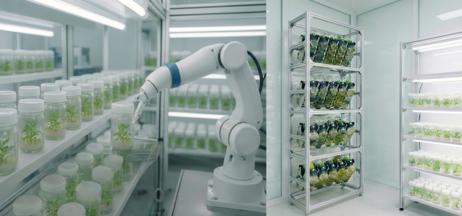 Automated tissue culture laboratory with a robotic arm and BioTilt system holding multiple BioCouplers, illustrating automation-driven labor cost savings in plant tissue culture