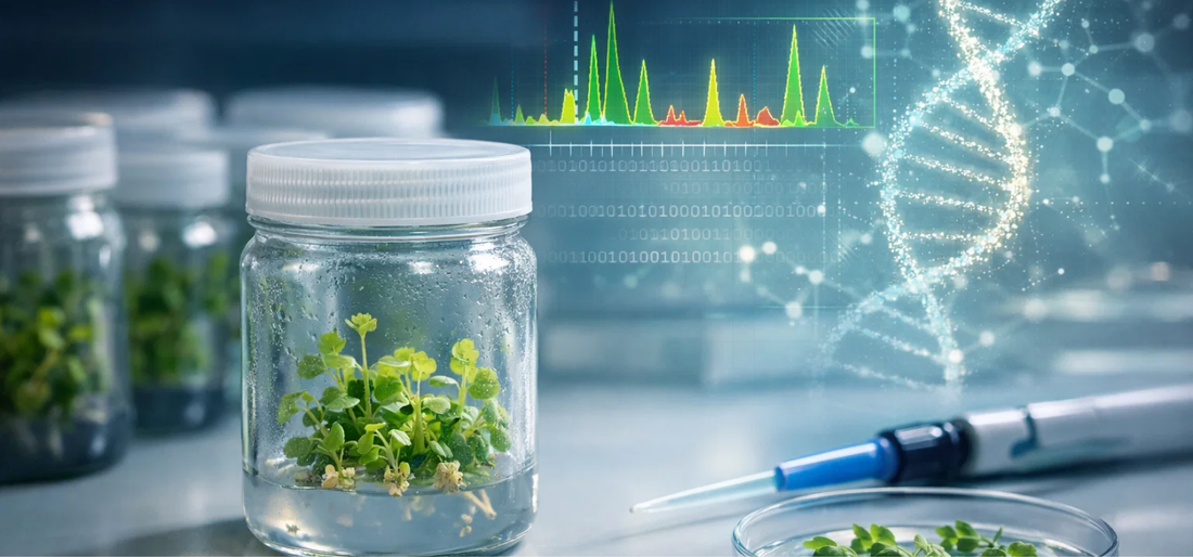 Jars with plants, a syringe, and DNA strands showcasing tissue culture in a laboratory setting