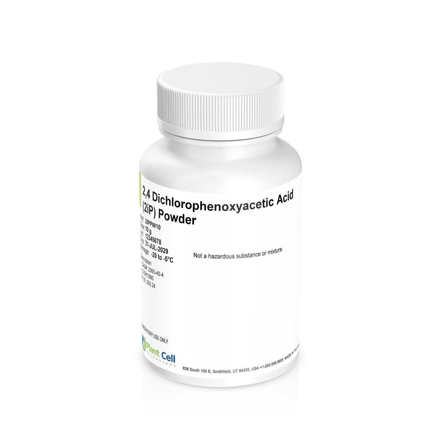 White bottle labeled '2,4-Dichlorophenoxyacetic Acid (2,4-D) Powder' on a clear background
