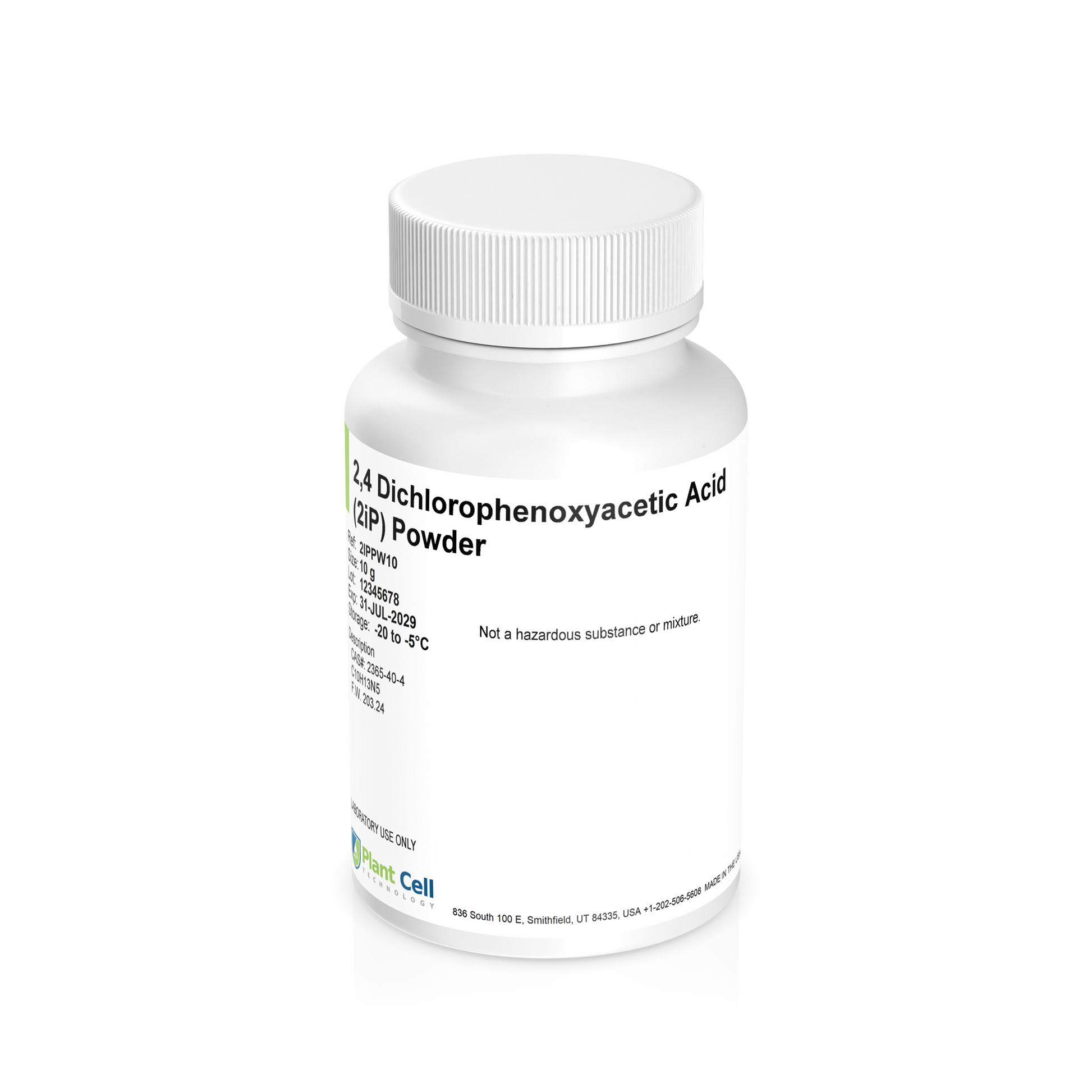 White bottle labeled '2,4-Dichlorophenoxyacetic Acid (2,4-D) Powder' on a clear background