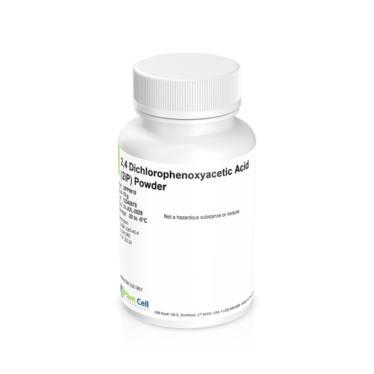 White bottle labeled '2,4-Dichlorophenoxyacetic Acid (2,4-D) Powder' on a clear background