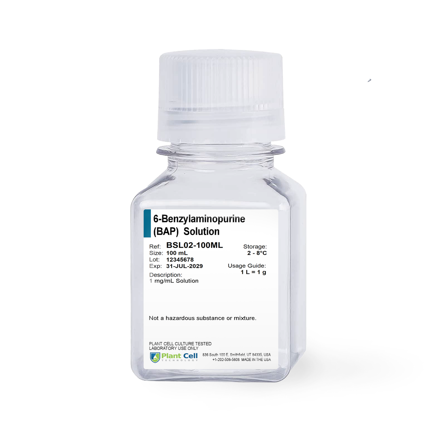 Clear bottle labeled '6-Benzylaminopurine (BAP) Solution' on a clear background
