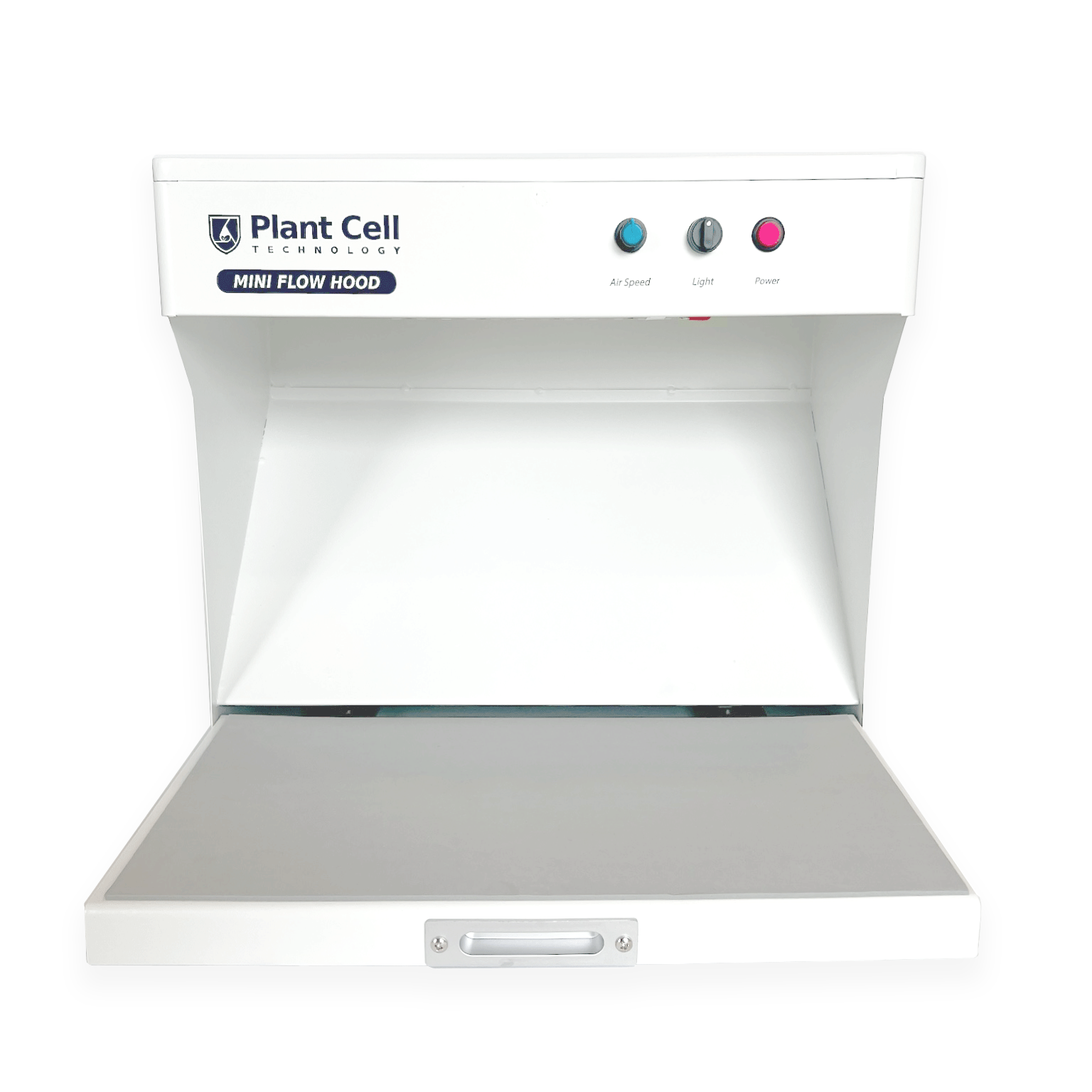 Image of 'The Mini' portable flow hood by Plant Cell Technology, featuring white design with navy blue writing and logo. It showcases multiple light options and adjustable fan strength.