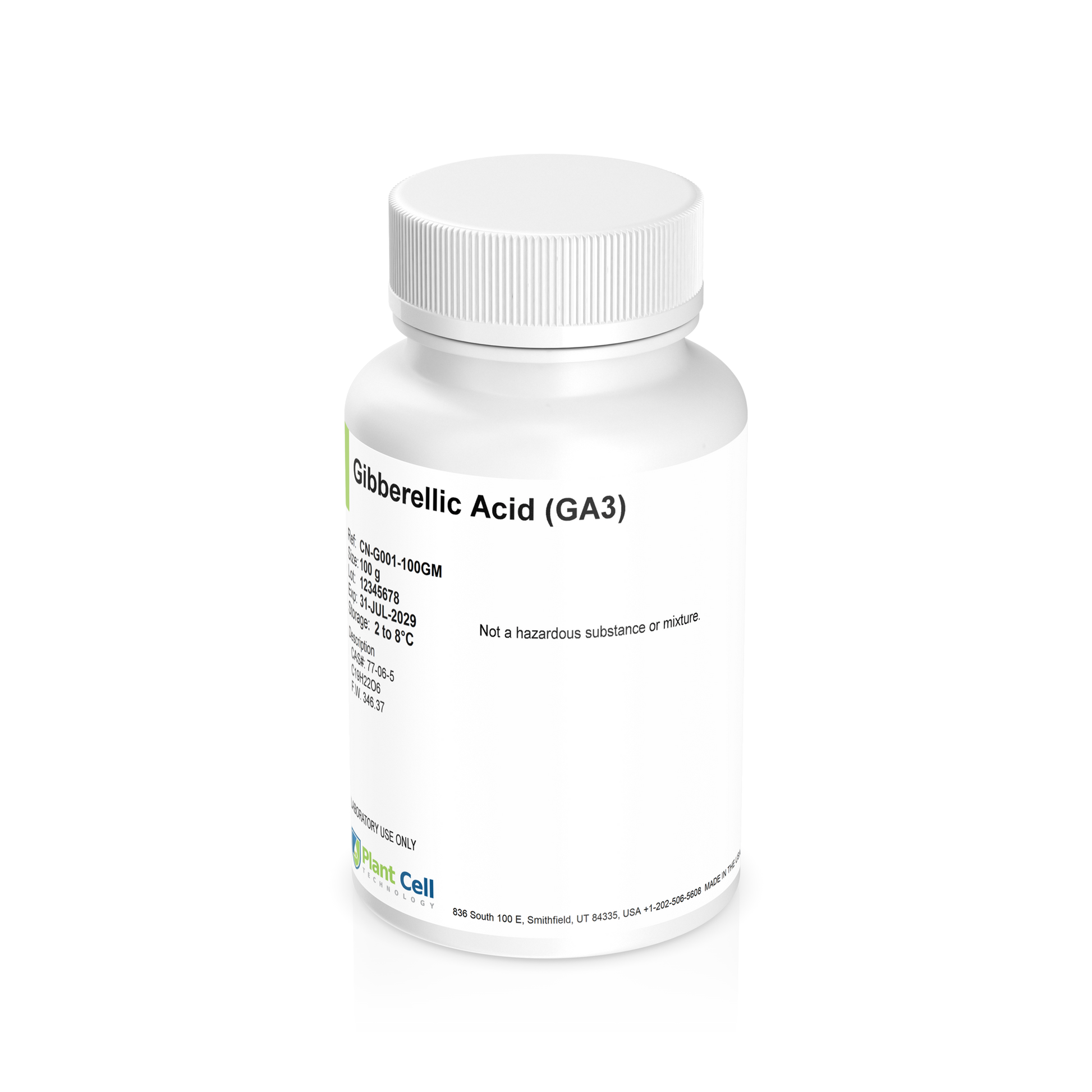 White bottle labeled 'Gibberellic Acid (GA3) Powder on a clear background