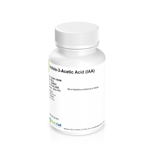 White bottle labeled 'Indole-3-Acetic Acid (IAA) Powder on a clear background