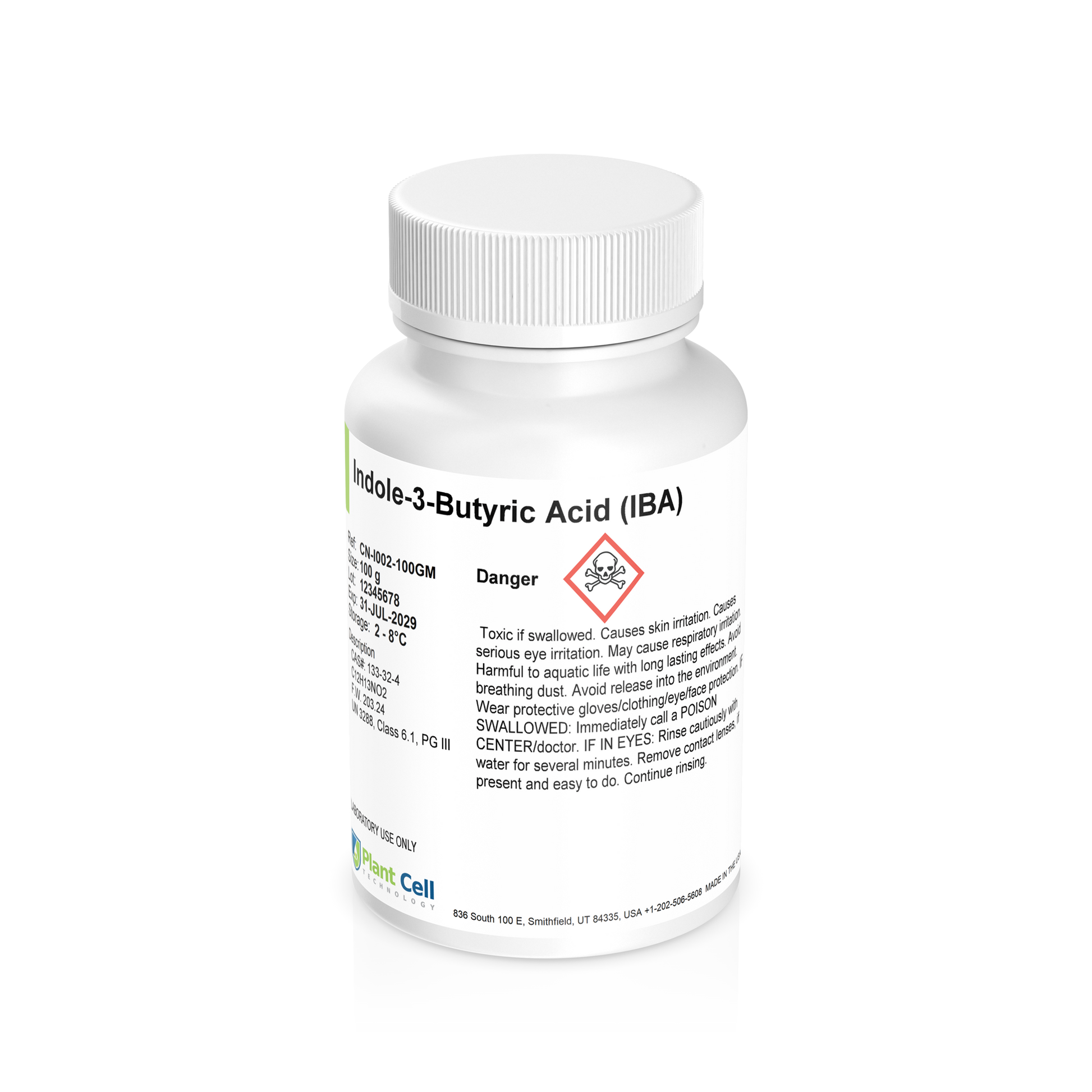 Bottle of Indole-3-Butyric Acid (IBA) powder with a white label on a clear background