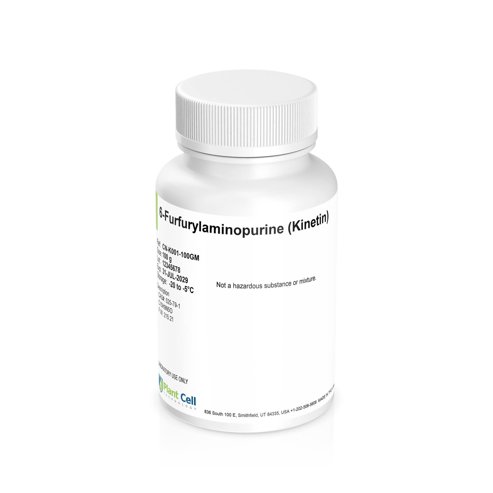Bottle of Kinetin Powder with white label on a clear background