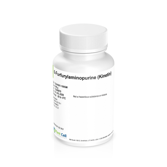 Bottle of Kinetin Powder with white label on a clear background