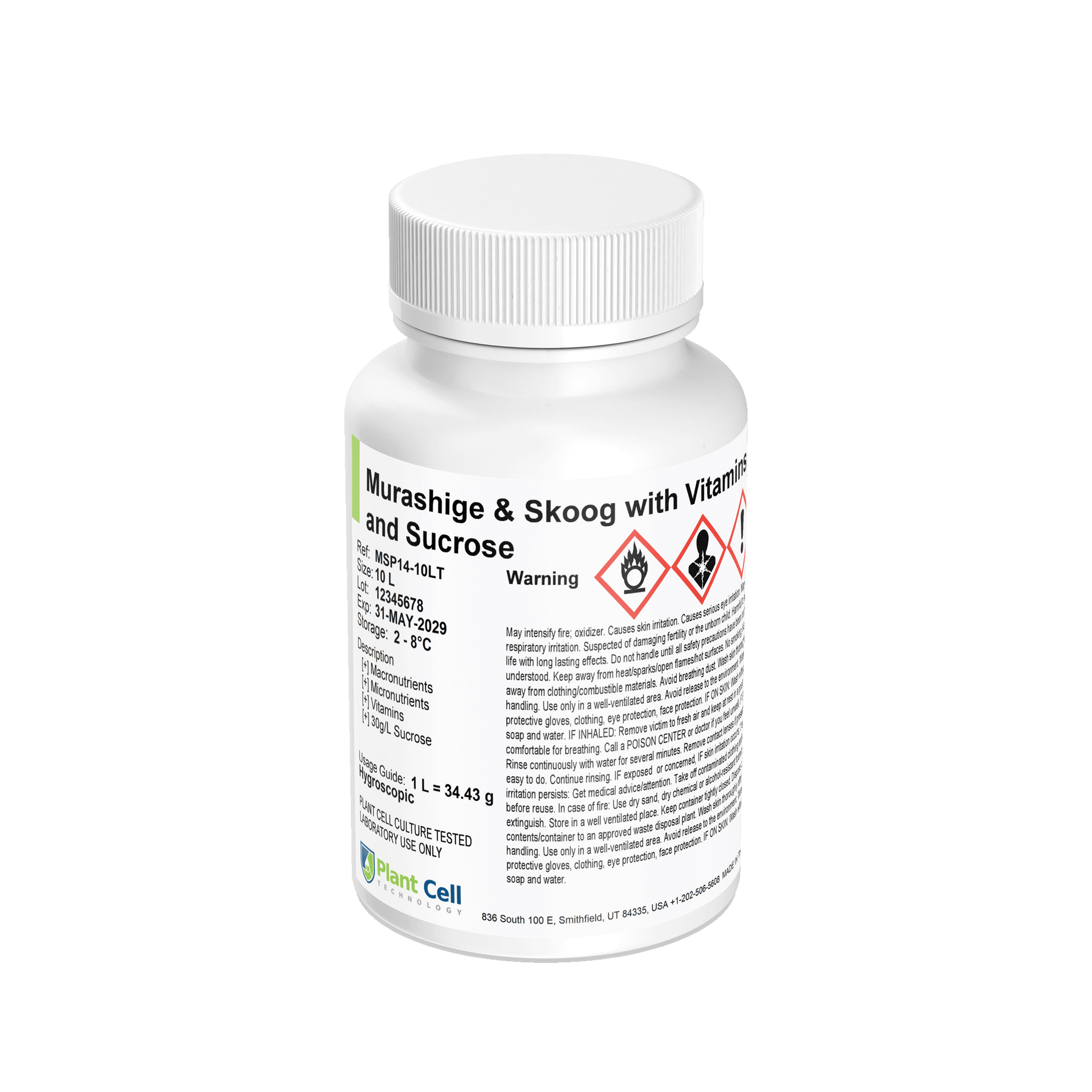 Bottle of Murashige and Skoog with Vitamins and Sucrose MSP14 on a clear background