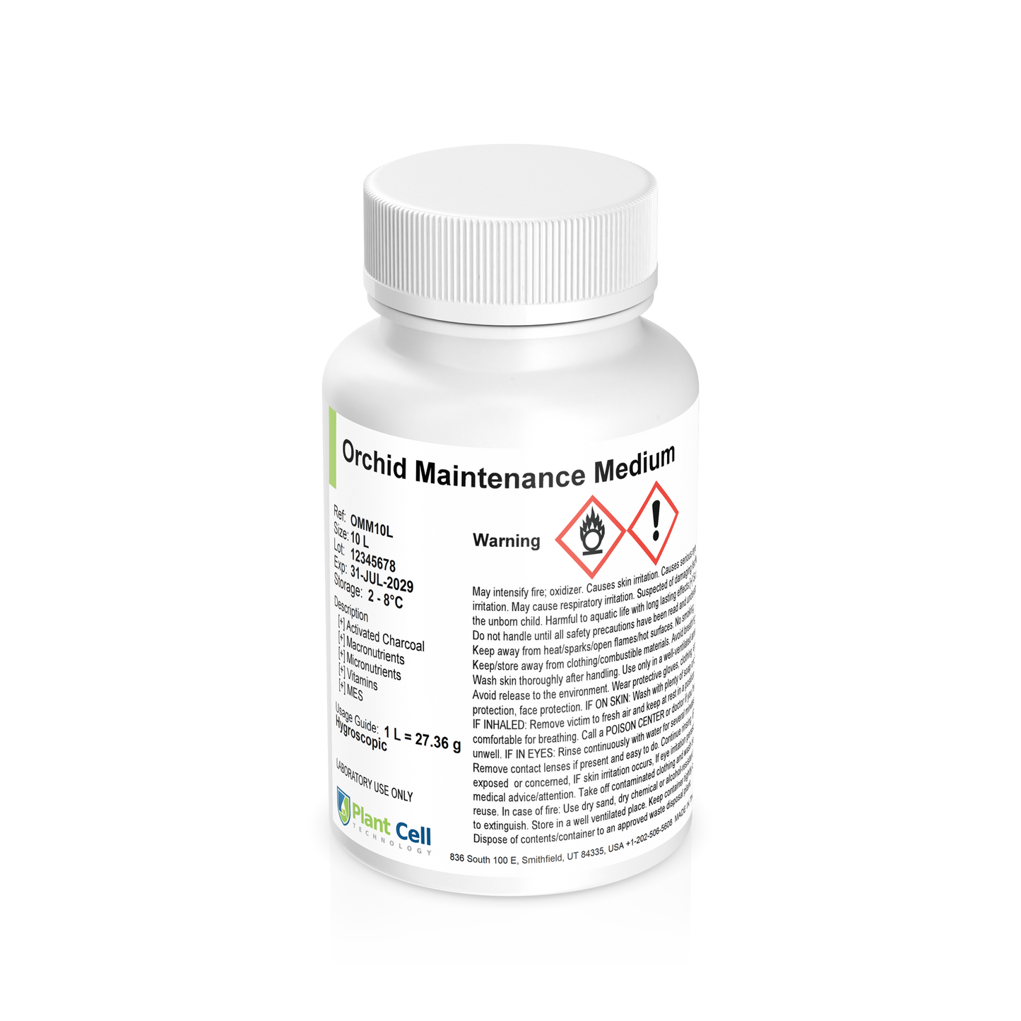 Bottle of Orchid Maintenance Medium (OMM) with white label on a clear background