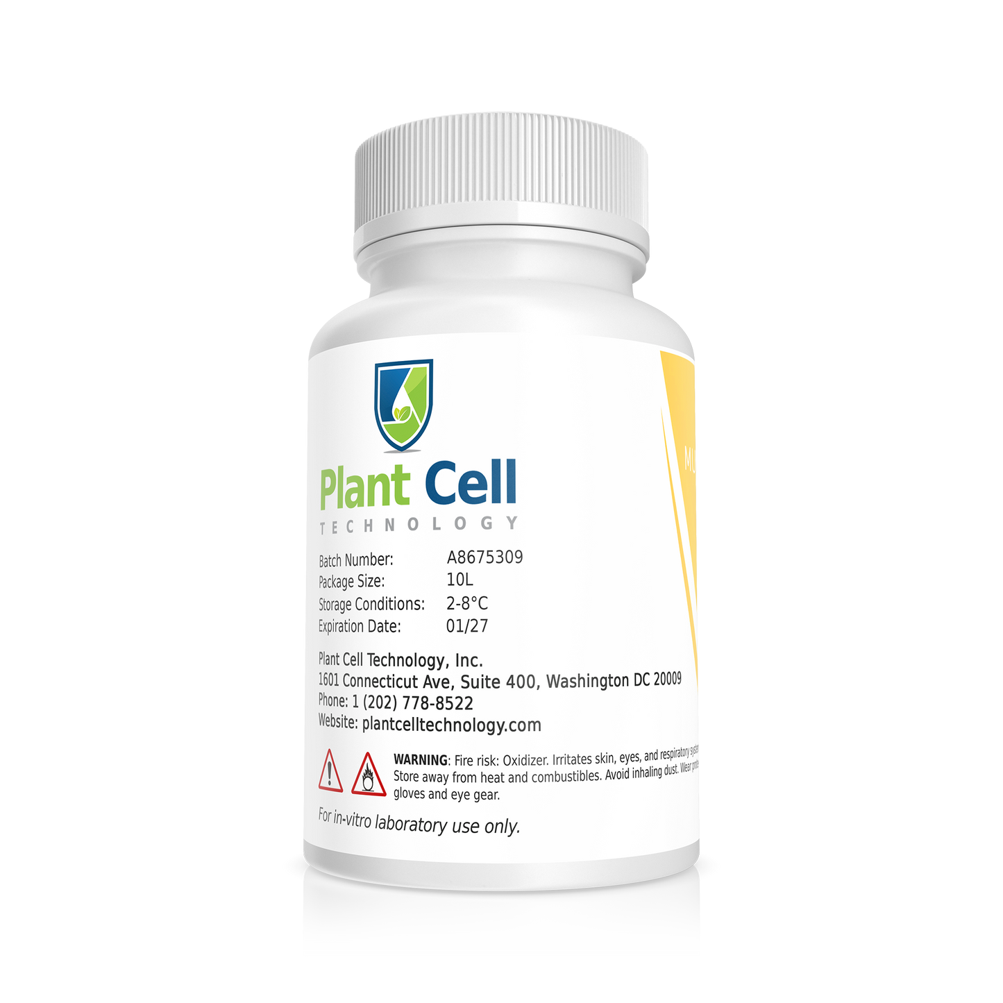 Back of the Orchid Maintenance Media bottle. Upper left corner shows logo for Plant Cell Technology. Rest of the label contains information for contents and contact information for company. Warning labels for Fire Risk and Oxidizer are present. For laboratory use only.