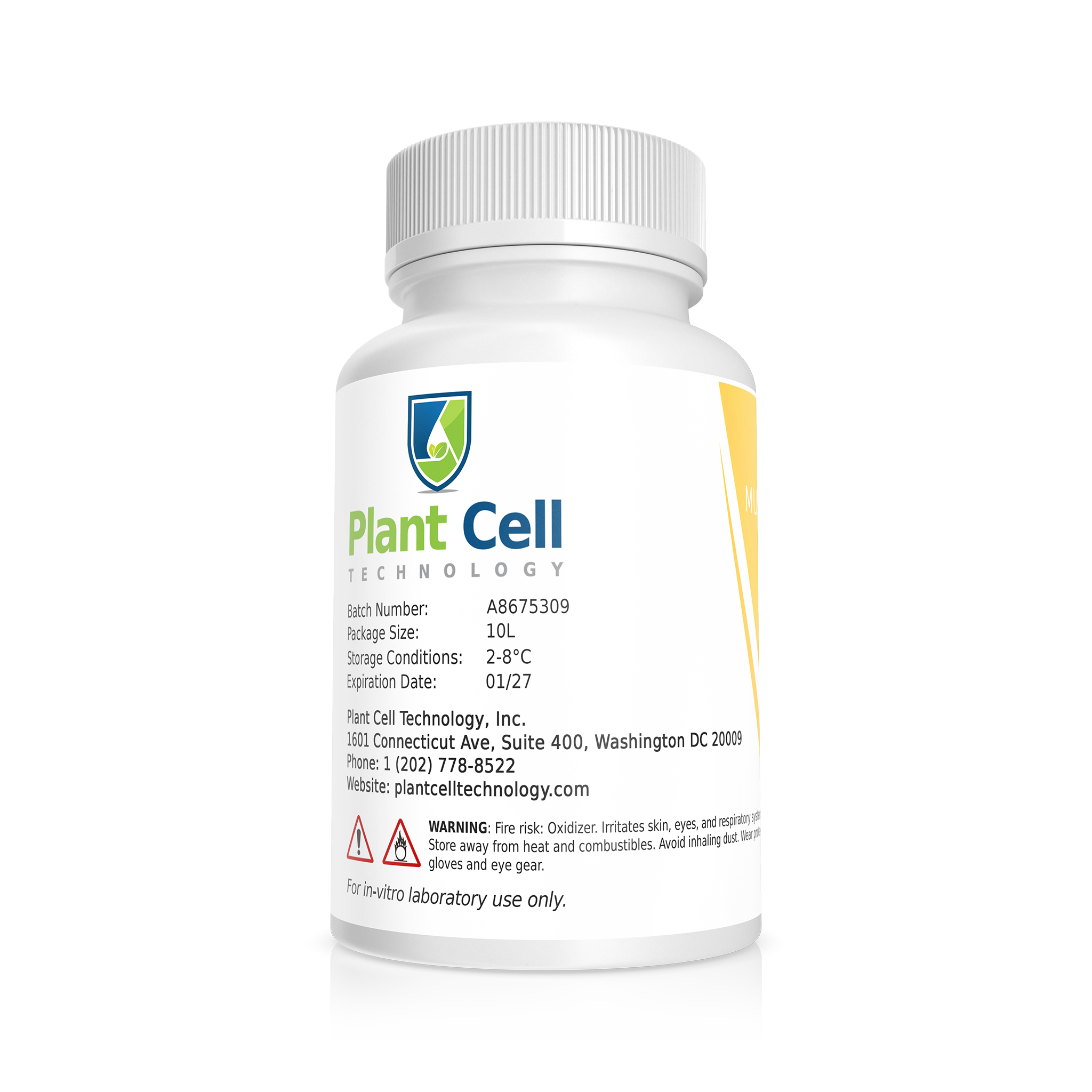 Back of the Orchid Maintenance Media bottle. Upper left corner shows logo for Plant Cell Technology. Rest of the label contains information for contents and contact information for company. Warning labels for Fire Risk and Oxidizer are present. For laboratory use only.