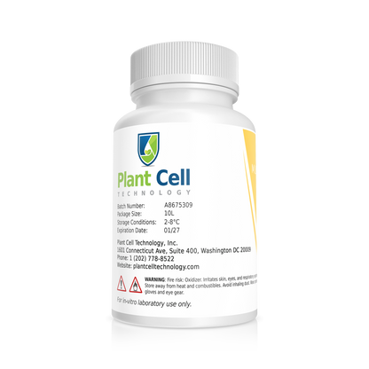 Back of the Orchid Maintenance Media bottle. Upper left corner shows logo for Plant Cell Technology. Rest of the label contains information for contents and contact information for company. Warning labels for Fire Risk and Oxidizer are present. For laboratory use only.