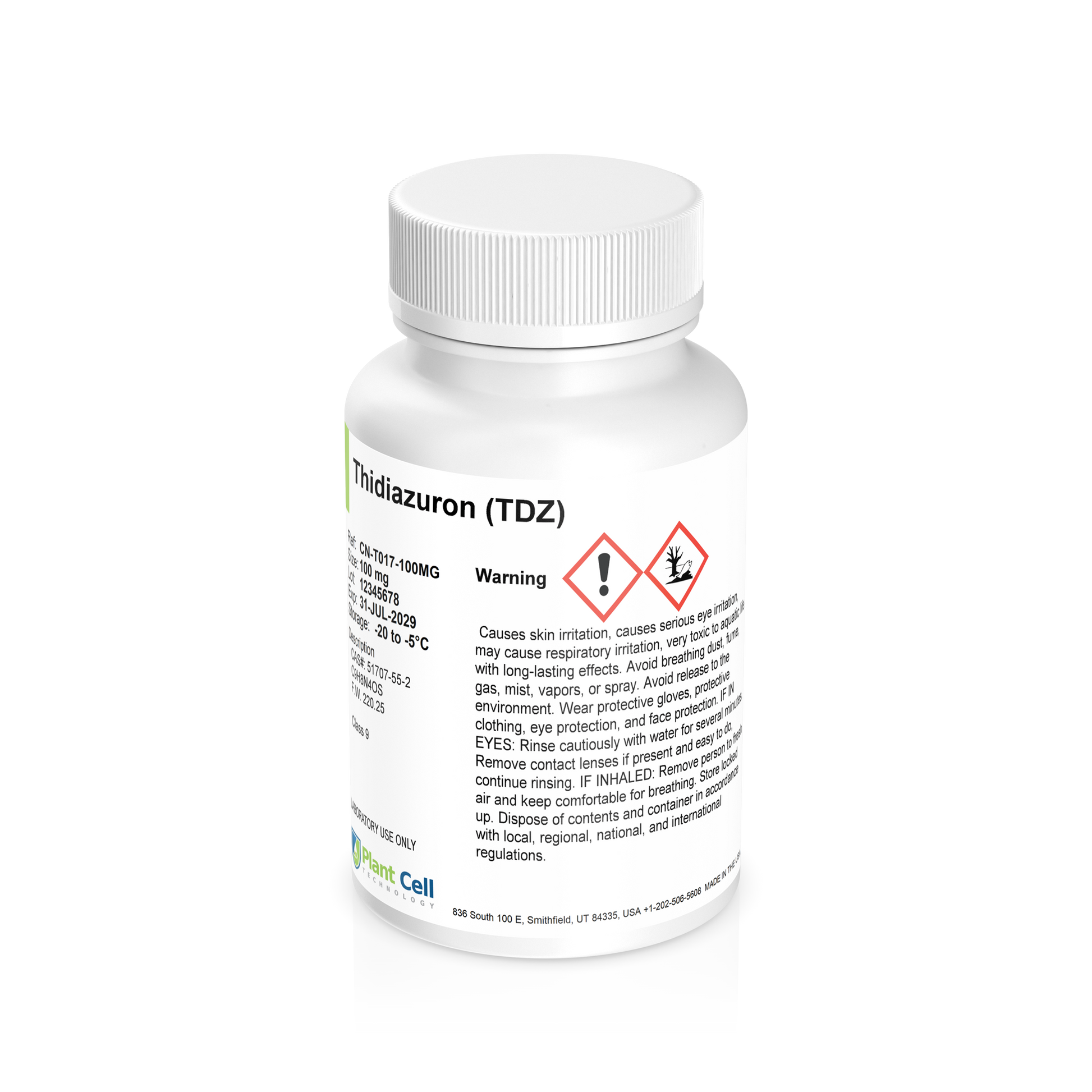 Bottle of Thidiazuron (TDZ) with warning labels on a clear background