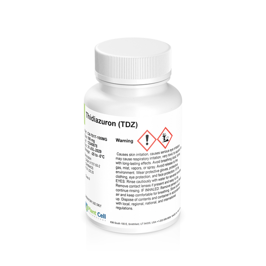 Bottle of Thidiazuron (TDZ) with warning labels on a clear background