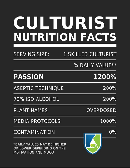 Close-up of the humorous nutrition facts on the back of the Culturist T-Shirt, designed for plant tissue culture enthusiasts, highlighting fun elements.