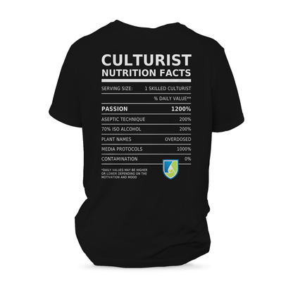 Back of the Culturist T-Shirt featuring humorous nutrition facts for plant tissue culture enthusiasts, showcasing fun and practicality.