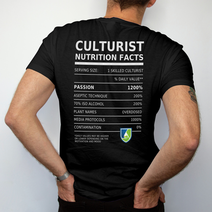 Back of the Culturist T-Shirt featuring humorous nutrition facts for plant tissue culture enthusiasts, highlighting fun and practicality. Modeled by a male with tattoos.