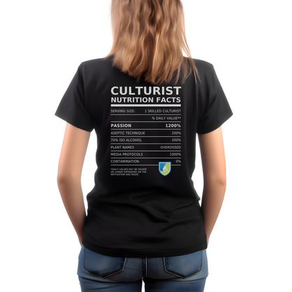 Back of the Culturist T-Shirt featuring humorous nutrition facts for plant tissue culture enthusiasts, highlighting fun and practicality. Modeled by a female.