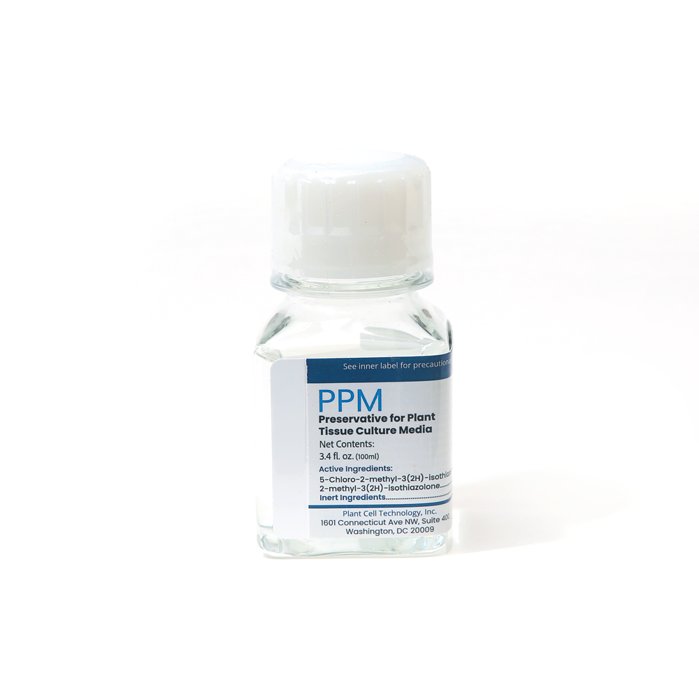 Bottle of 100 ml PPM Plant Tissue Culture Media on a white background